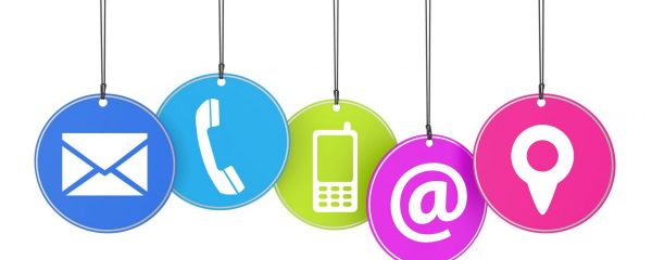 Website and Internet contact page concept with icons on colorful hanged tags isolated on white background.